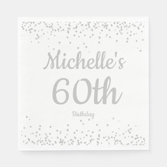 White Silver Glitter Women's 60th Birthday Napkins (Front)