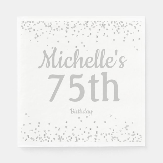 White Silver Glitter Women's  75th Birthday Napkins (Front)