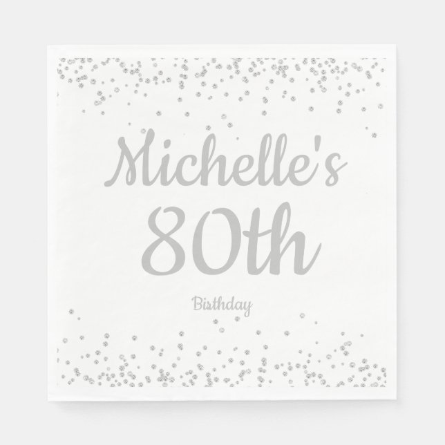 White Silver Glitter Women's  80th Birthday Napkins (Front)