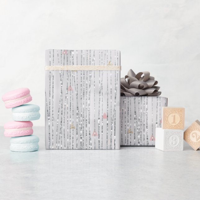 White Silver Glittery Sparkle Pink Hearts Wrapping Paper (Baby Shower)