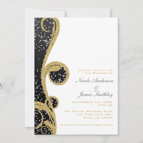 White Silver Gold Black Elegant Swirl Wedding Invitation