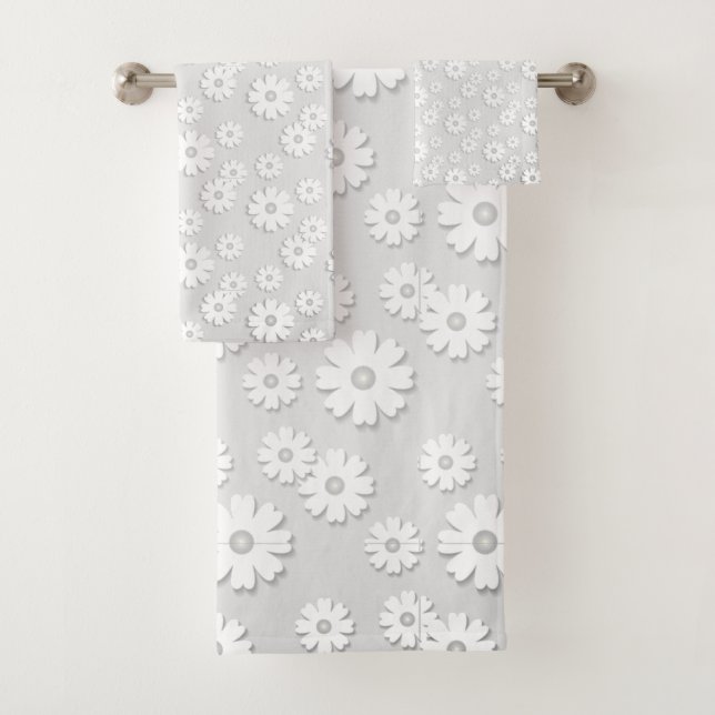 White & Silver Gray Floral Bath Towel Set (Insitu)