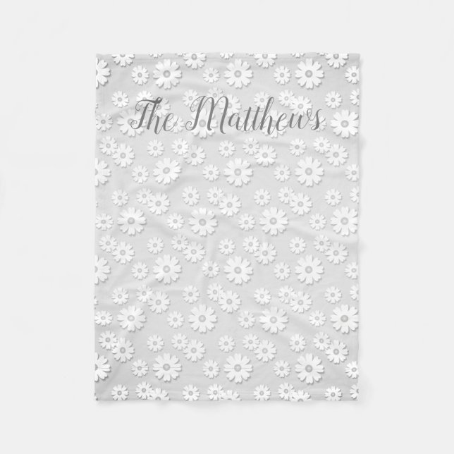 White & Silver Gray Floral Fleece Blanket (Front)