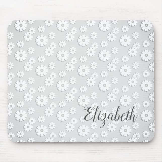 White & Silver Gray Floral Mouse Pad (Front)
