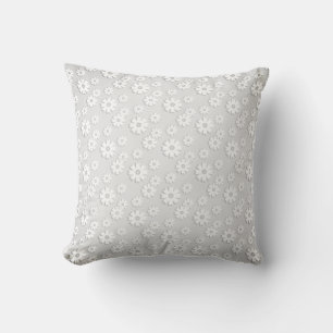 White & Silver Gray Floral Throw Pillow