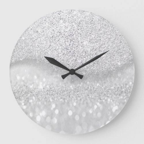 White Silver Gray Glitter Minimal Ombre Glam Large Clock