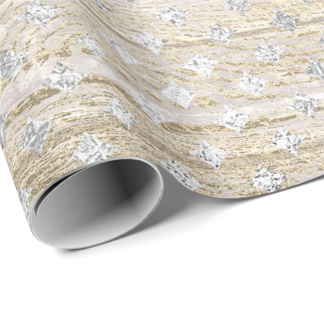 White Silver Gray  Gold Diamond Cut Wood Rustic Wrapping Paper (Roll Corner)