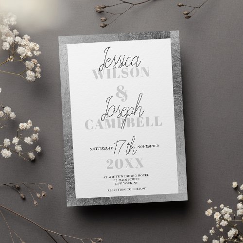White Silver handwritten script typography wedding Invitation