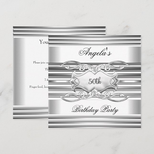 White Silver Jewel 50th Elegant Birthday Party Invitation (Front/Back)