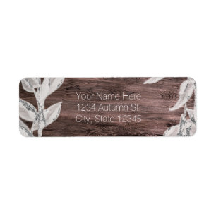 White & Silver Leaves & Rustic Wood Elegant Label