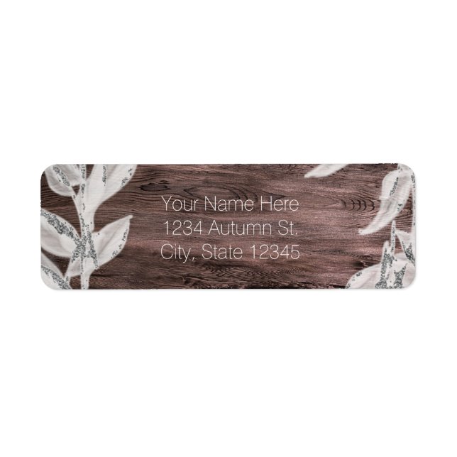 White & Silver Leaves & Rustic Wood Elegant Label (Front)