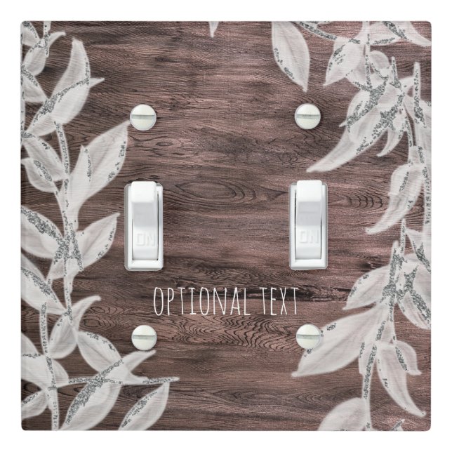 White & Silver Leaves & Rustic Wood Elegant Light Switch Cover (In Situ)