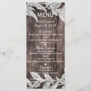 White & Silver Leaves & Rustic Wood Elegant Menu