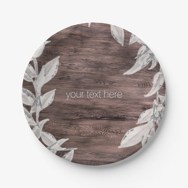 White & Silver Leaves & Rustic Wood Elegant Paper Plates (Front)