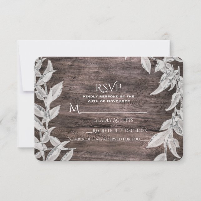 White Silver Leaves Rustic Wood Fall Elegant RSVP (Front)