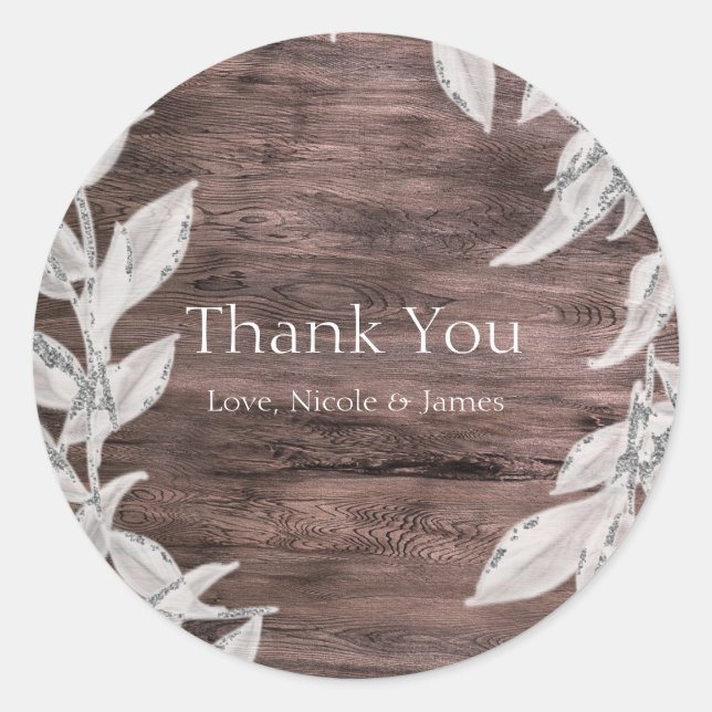 White & Silver Leaves Winter Wedding Rustic Favor Classic Round Sticker (Front)