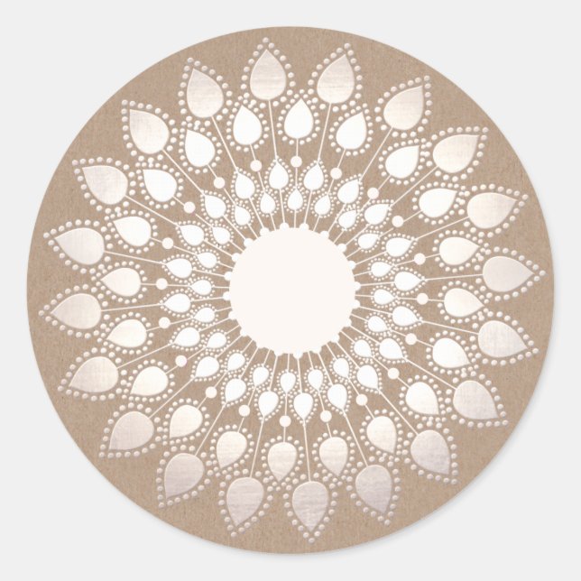 White Silver Lotus Floral Mandala Classic Round Sticker (Front)