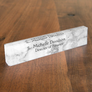 White & Silver Marble Executive Desk Name Plate