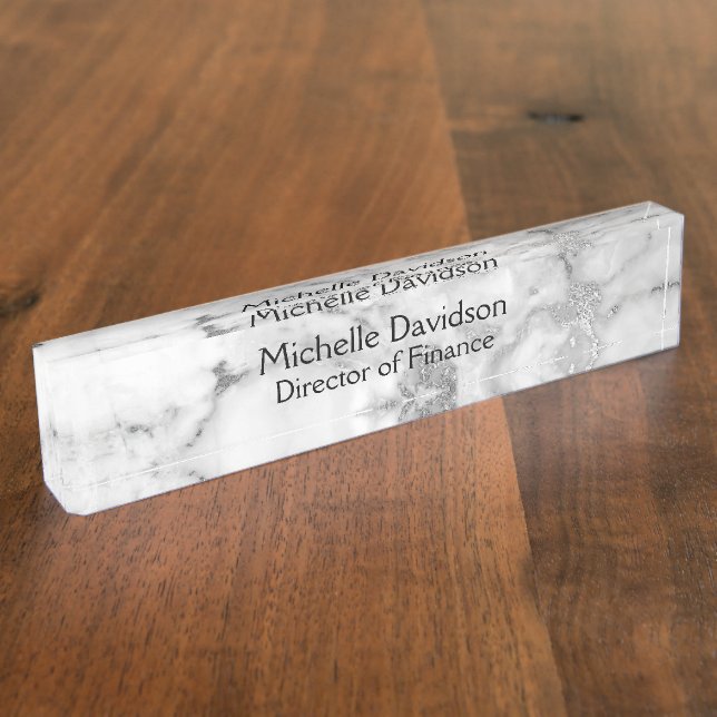 White & Silver Marble Executive Desk Name Plate (Side)