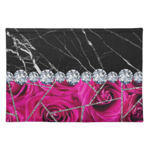 White Silver Marble Rose Black Glitter Cloth Placemat