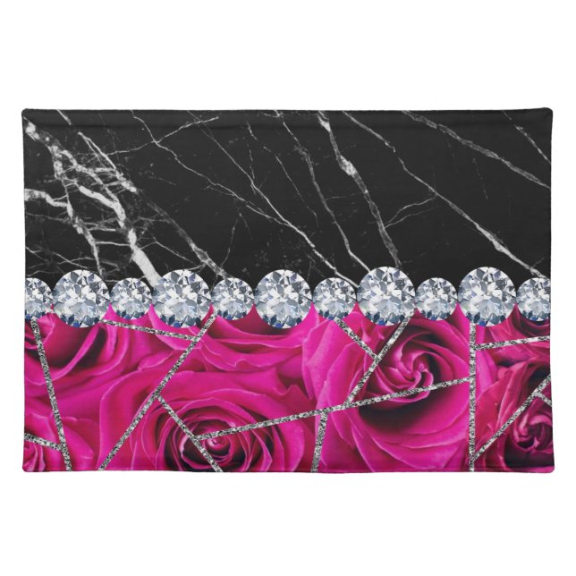 White Silver Marble Rose Black Glitter Cloth Placemat (Front)