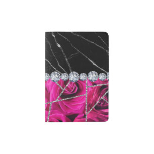 White Silver Marble Rose Black Glitter Passport Holder