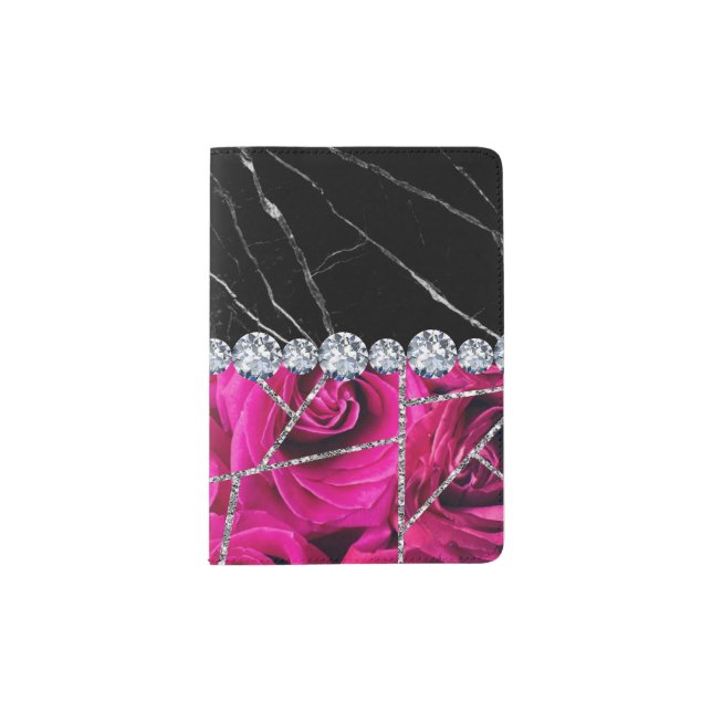 White Silver Marble Rose Black Glitter Passport Holder (Front)