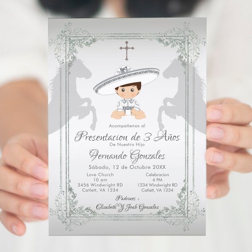 White Silver Mexican Tres Anos Boy   Invitation