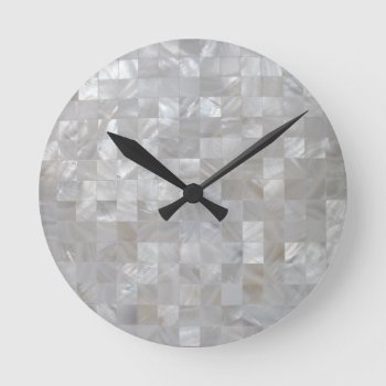 White Silver Mother Of Pearl Print Tiled Round Clock by CustomizedCreationz at Zazzle