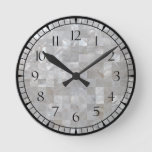 White Silver Mother Of Pearl Print Tiled With Numb Round Clock at Zazzle