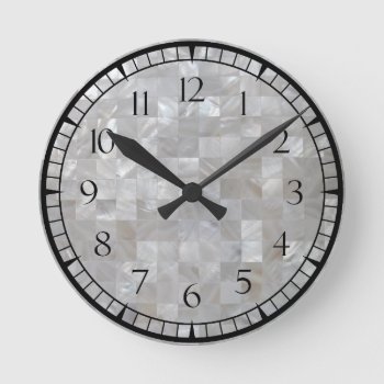 White Silver Mother Of Pearl Print Tiled With Numb Round Clock by CustomizedCreationz at Zazzle