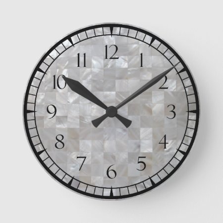 White Silver Mother Of Pearl Print Tiled With Numb Round Clock