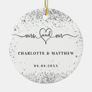 White silver names mr mrs elegant newly weds ceramic ornament