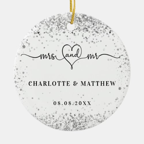 White silver names mr mrs elegant newly weds  ceramic ornament