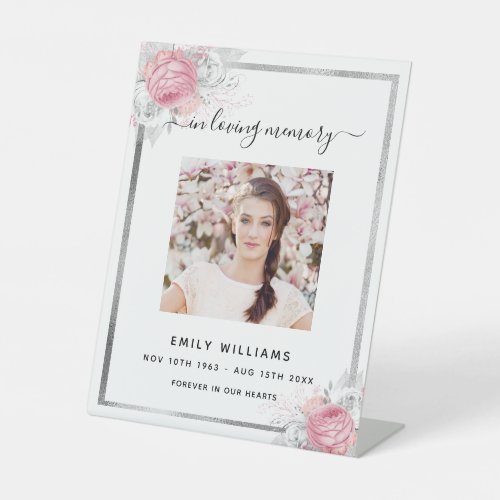 White silver pink florals photo memorial pedestal sign