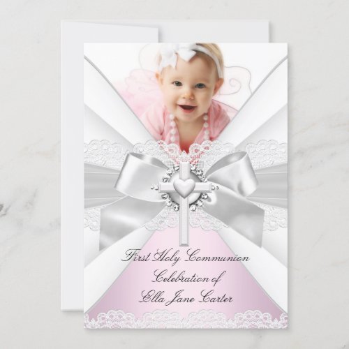 White Silver Pink Photo First Holy Communion Invitation