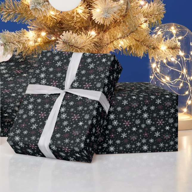 White Silver Purple Snowflakes Black Christmas Wrapping Paper (Holidays)