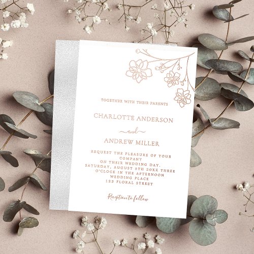White silver rose gold floral elegant wedding foil invitation