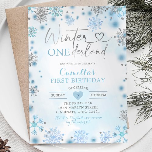 White Silver Snowflake Winter Onederland Birthday  Invitation