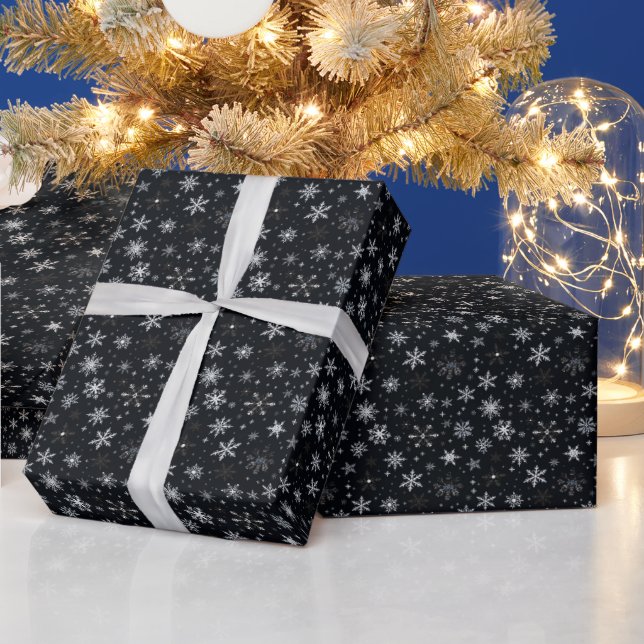 White Silver Snowflakes Black Christmas Wrapping Paper (Holidays)
