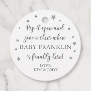 White & Silver Stars Pop It Open Mini Champagne Favor Tags