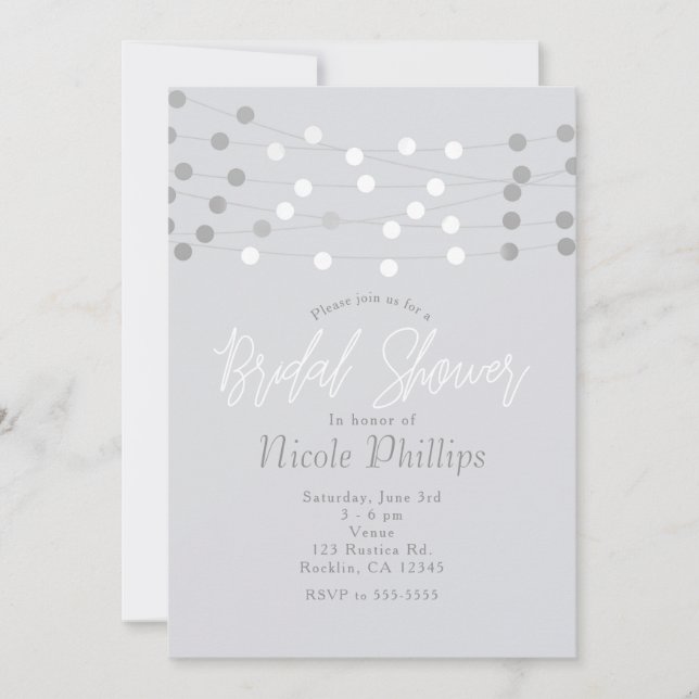 White Silver String Lights Modern Bridal Shower Invitation (Front)