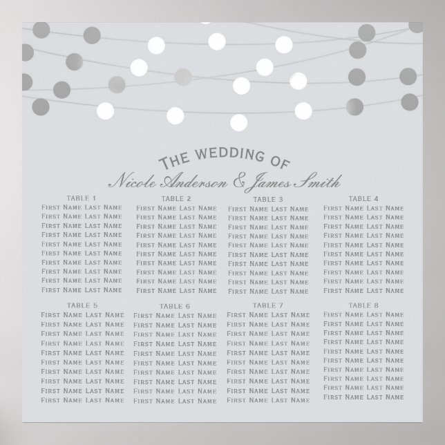 White Silver String Lights Modern Wedding Seating Poster (Front)