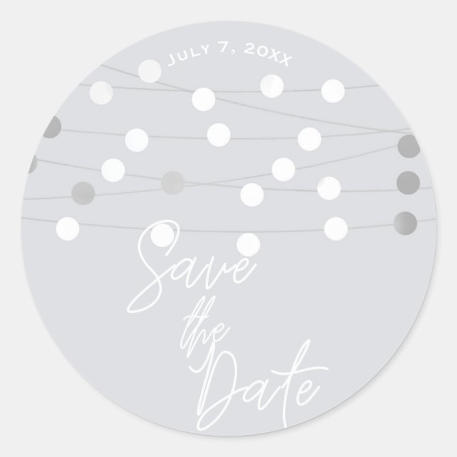 White Silver String Lights Wedding Save the Date Classic Round Sticker (Front)