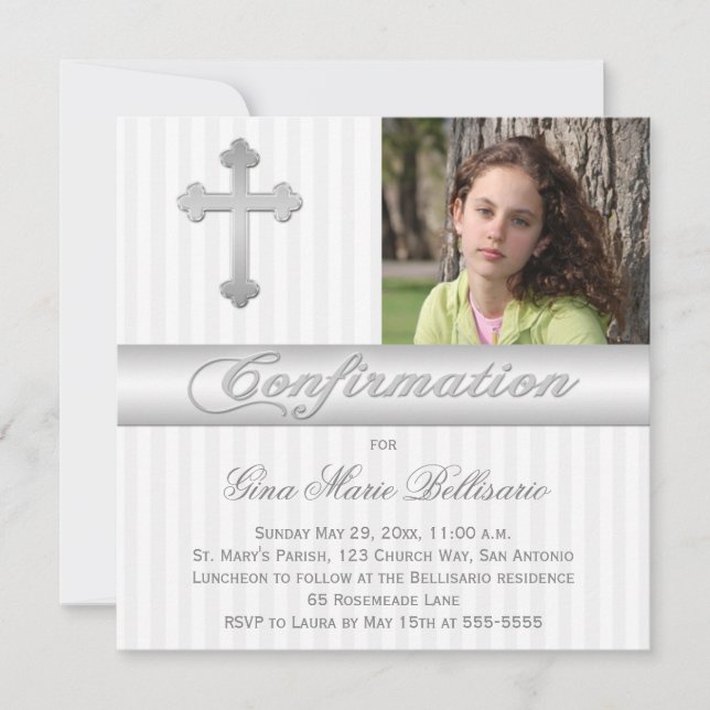 White Silver Stripes Confirmation Photo Invitation (Front)