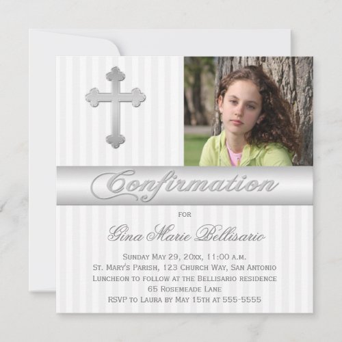 White Silver Stripes Confirmation Photo Invitation