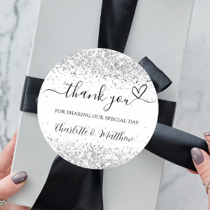 White silver thank you wedding classic round sticker