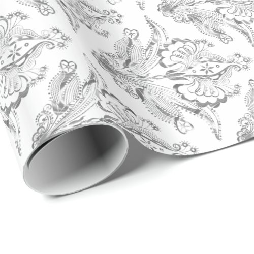 White  Silver Vintage Floral Damasks 2 Wrapping Paper