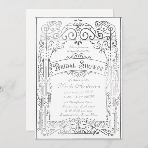 White  Silver Vintage Victorian Bridal Shower Invitation