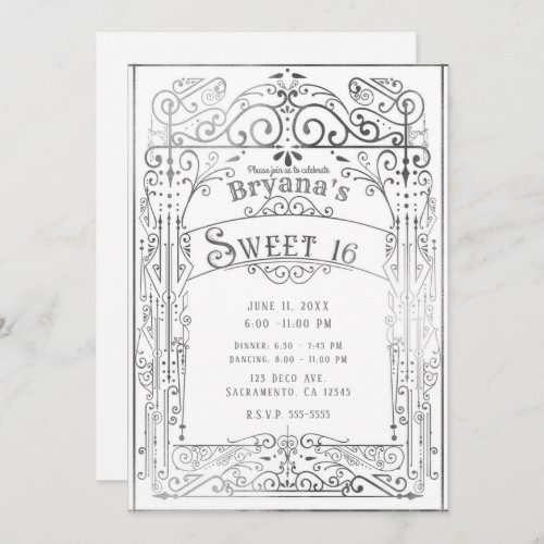 White  Silver Vintage Victorian Deco Sweet 16 Invitation